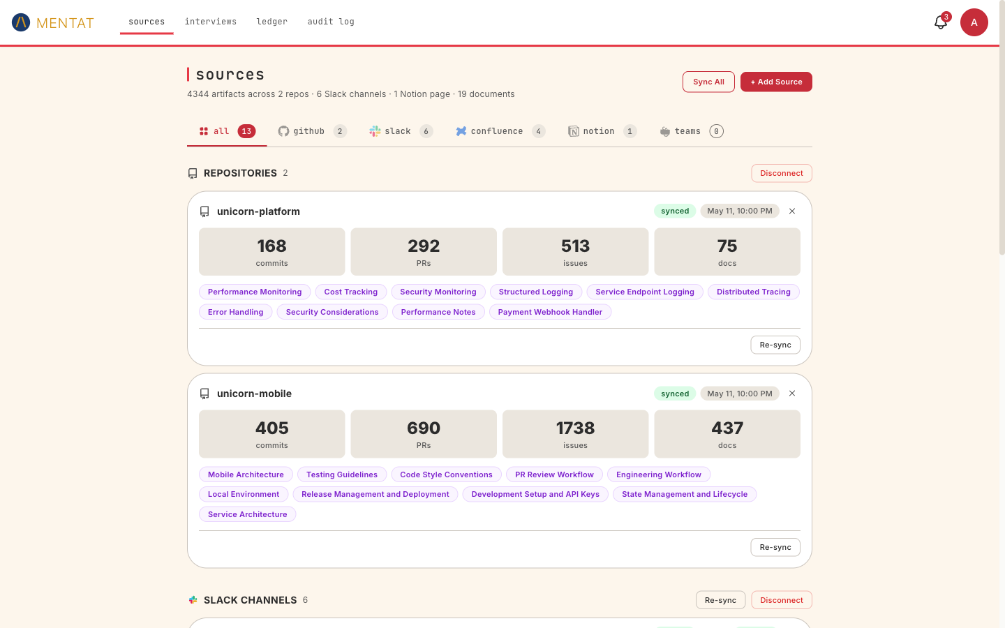 Mentat sources view showing GitHub repos, Slack channels, Notion pages, and document counts after connecting an org's tools